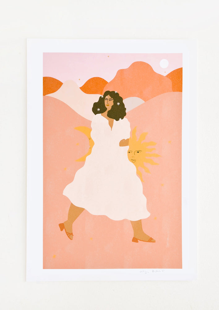 1: Whimsical art print of a woman wearing a flowing white dress, walking through a desert landscape