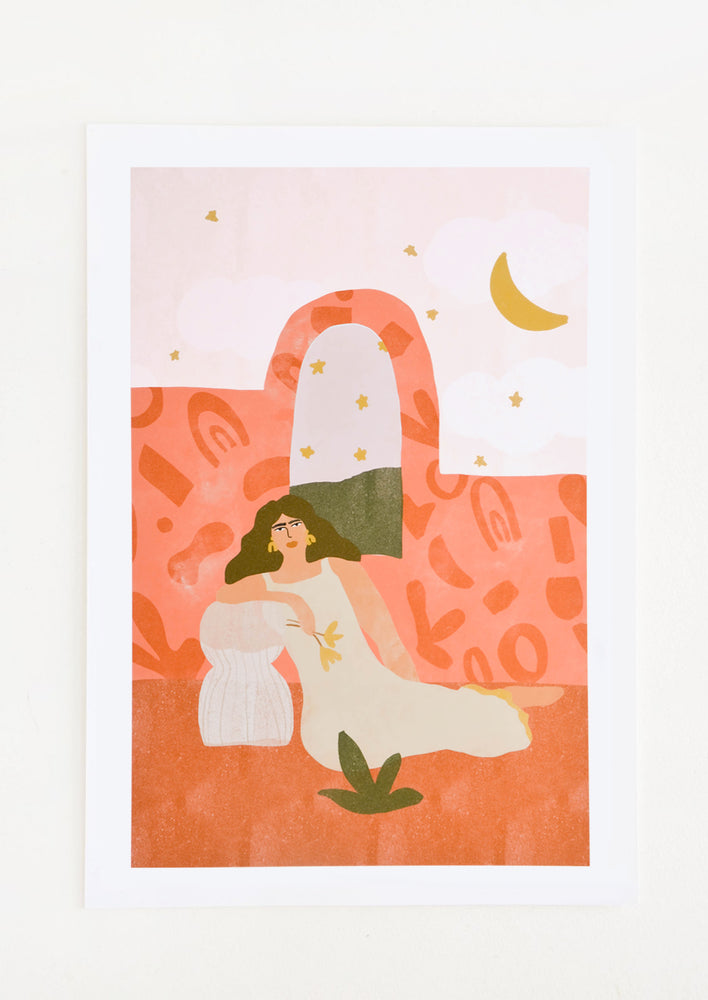 Whimsical art print of a woman in a dress lounging in an outdoor setting