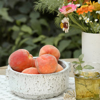 Medium: A textured ceramic bowl on a table, holding peaches.