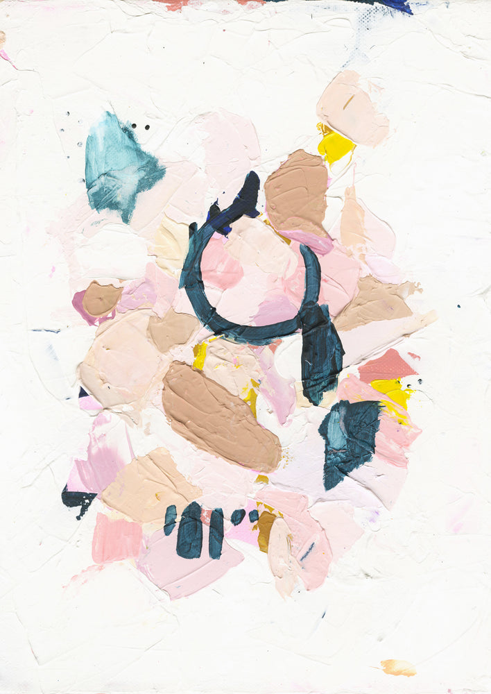 An abstract print of textural paint strokes in pinks, blues, yellows, and browns. 