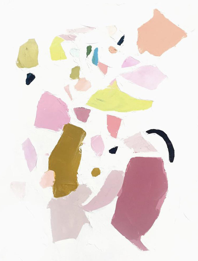 1: An abstract print of differently sized solid patches of paint colors in pinks, greens, and purples.