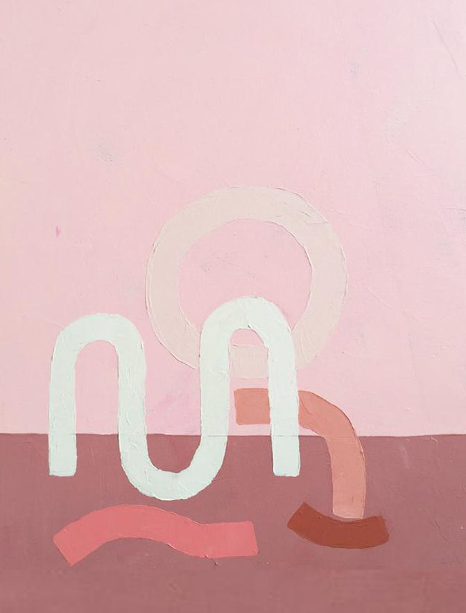 Various shades of pink are used to create squiggles and circles on a two-toned pink background.