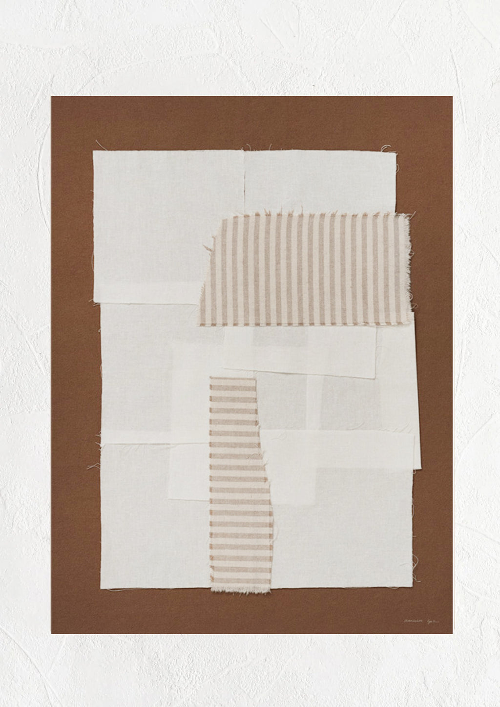 1: A brown art print with photographed textiles in ivory and tan stripes.