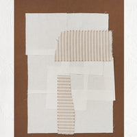 1: A brown art print with photographed textiles in ivory and tan stripes.