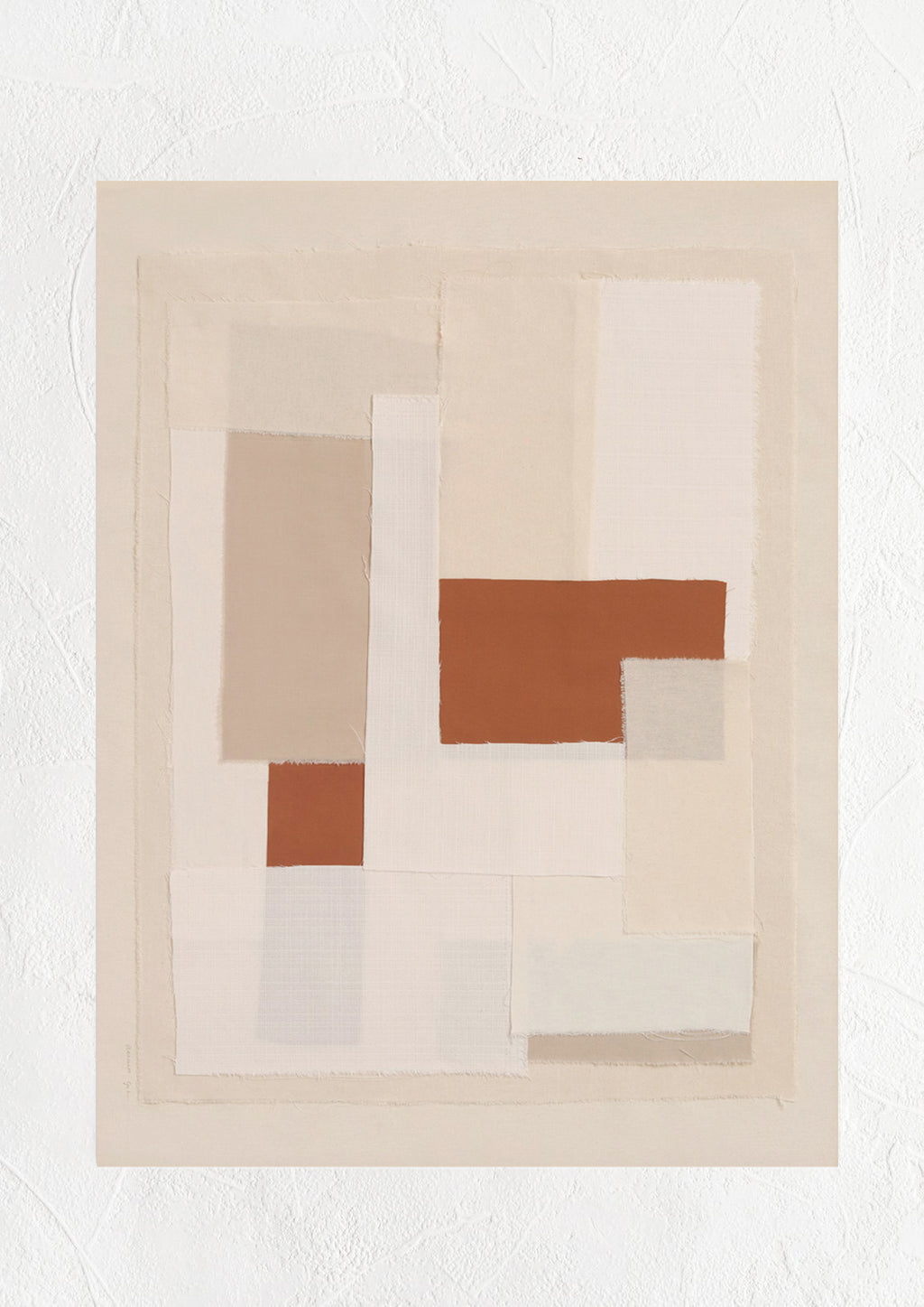 1: A photographic art print of beige, white and rust layered fabric.