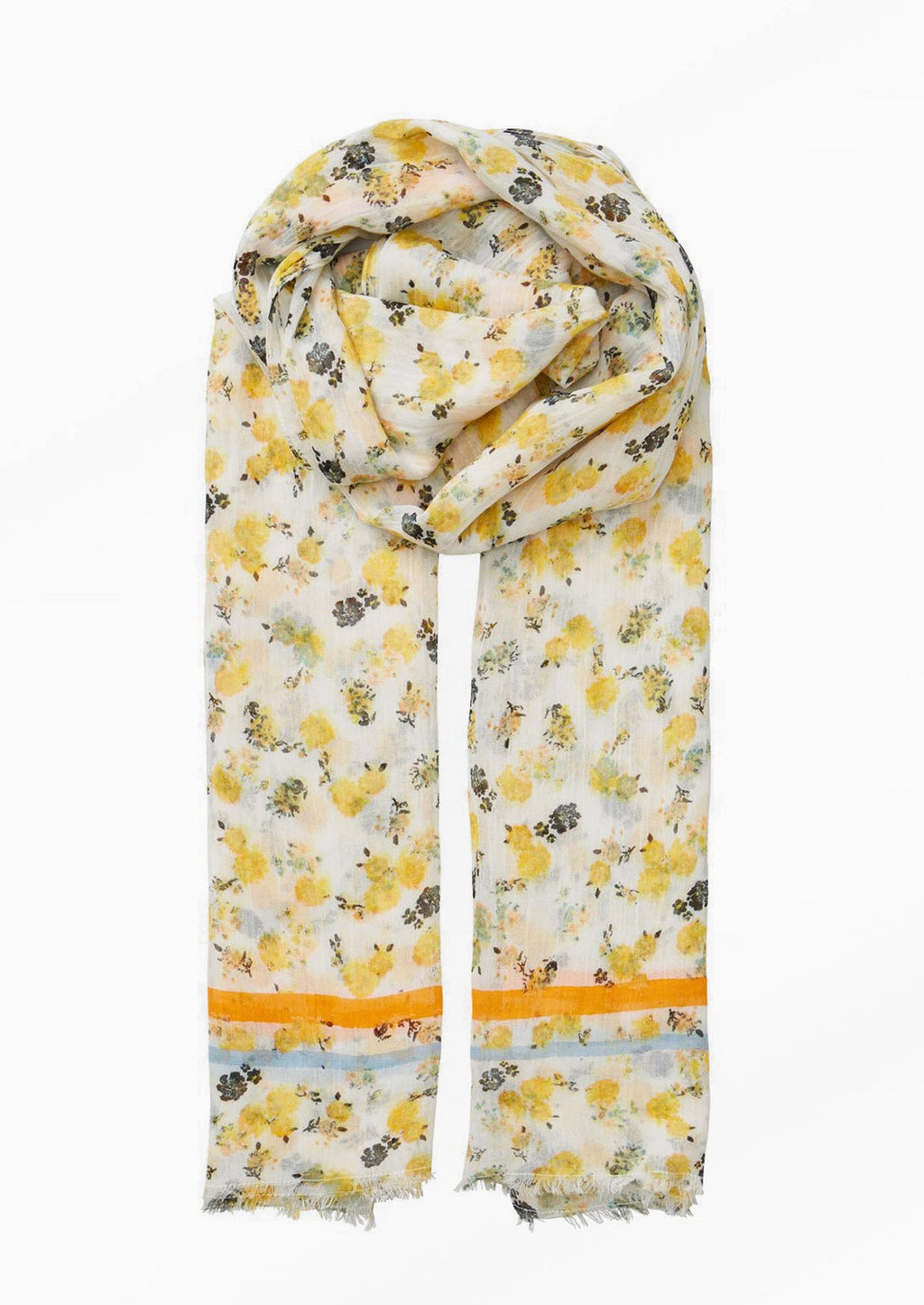 2: A floral print scarf with orange and blue border.