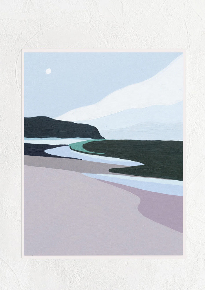 An art print in cool blue, black and purple palette showing the moon over a black sand beach.