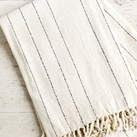 1: A natural cotton blanket with thin back stripes and braided trim.
