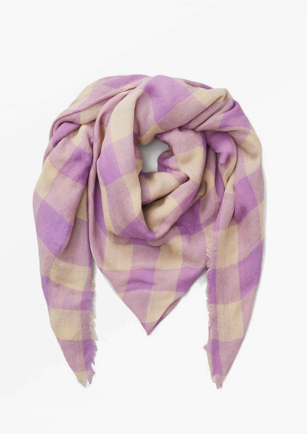 2: A gingham print scarf in purple and tan.