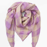 2: A gingham print scarf in purple and tan.