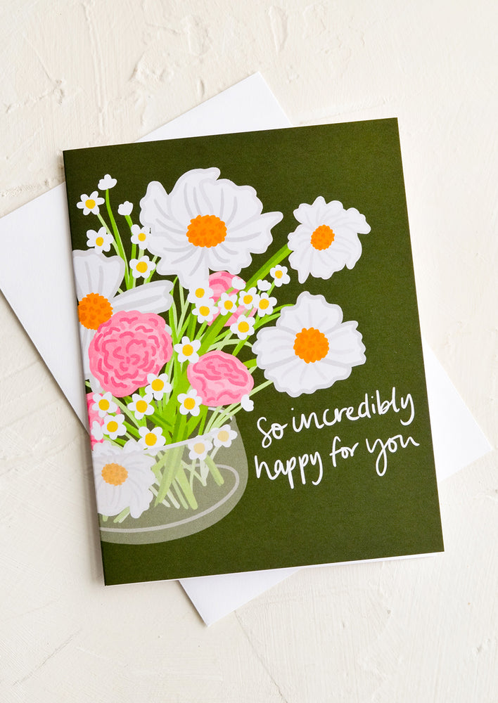 1: A greeting card with bouquet and text reading "So incredibly happy for you".