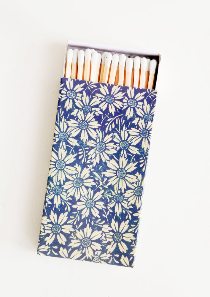 1: Matchbox with long length matches, box printed in blue floral pattern