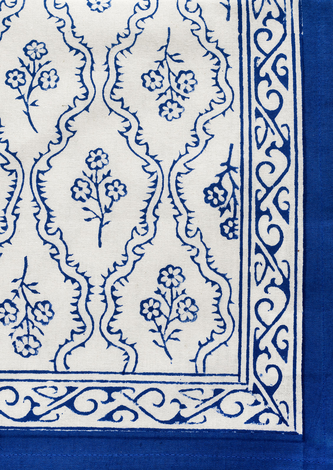 A blue and white floral block printed textile.