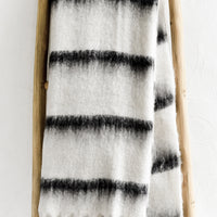 1: A fuzzy throw blanket in white with black stripes.