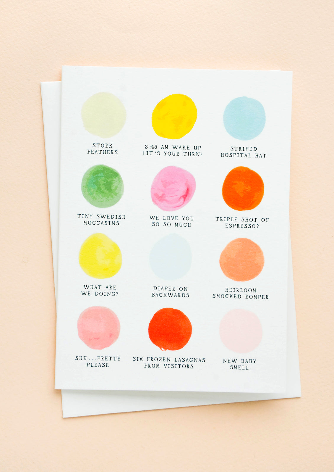 Greeting card with round color swatches and funny color names related to life with a new baby