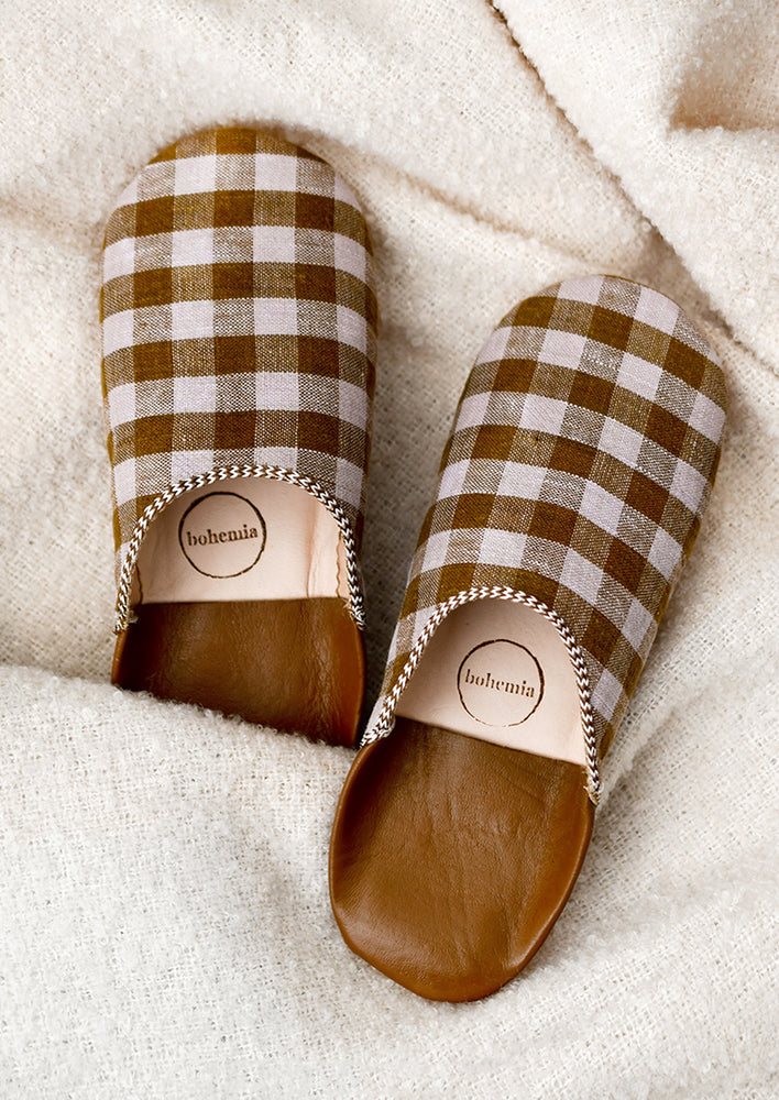 Gingham Linen Leather Slippers