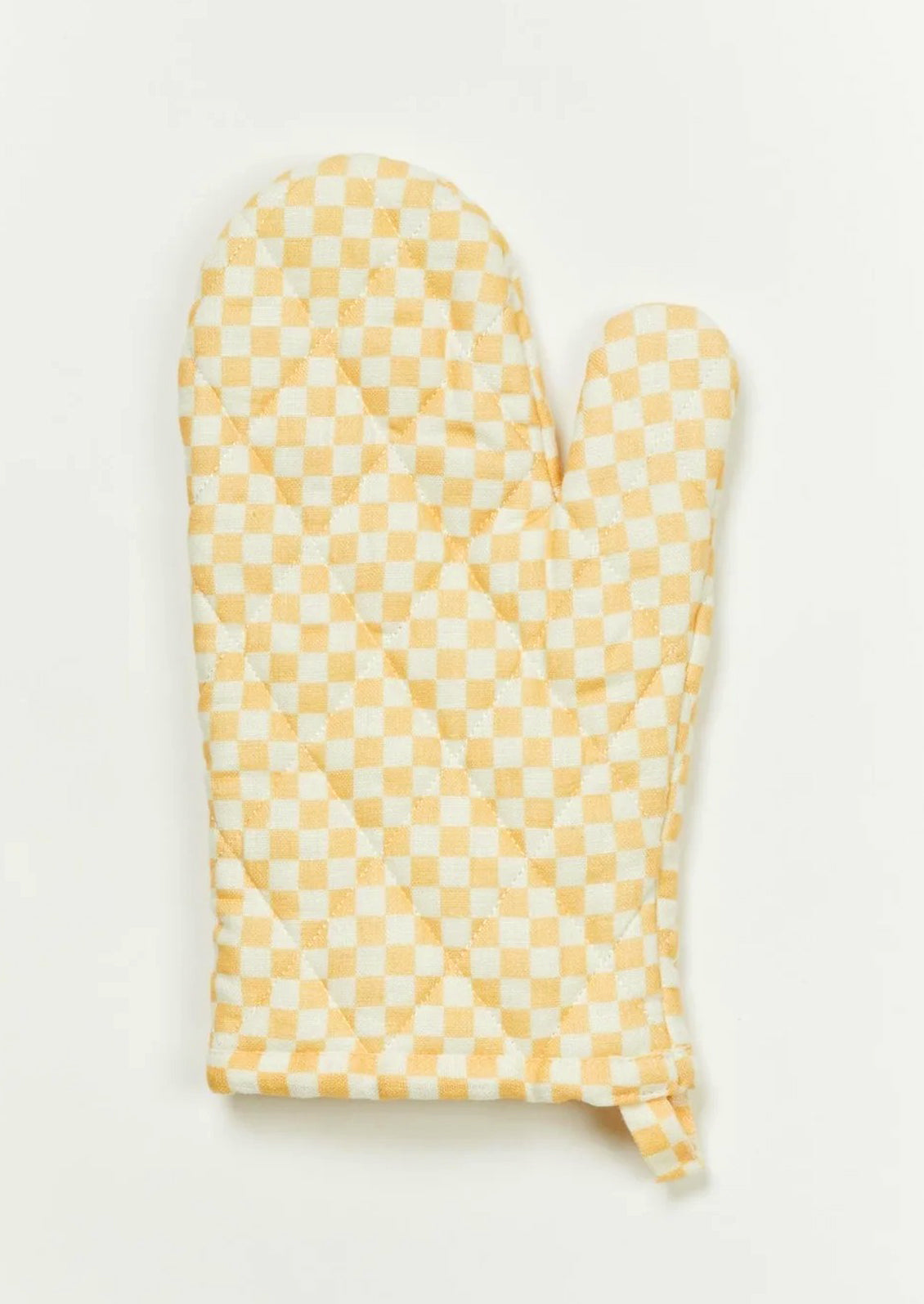 A checker print oven mitt in apricot checker.