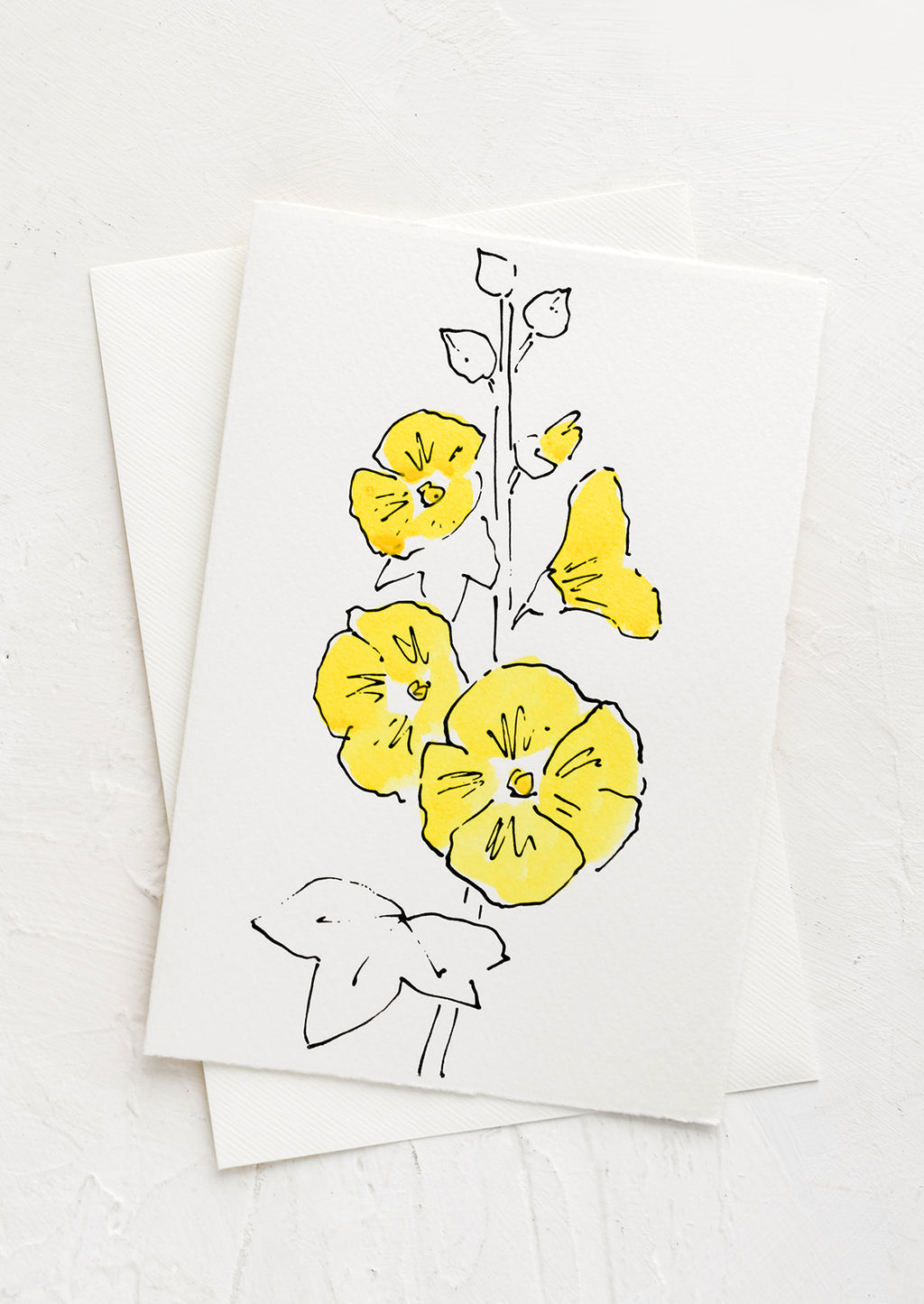 Hollyhock: A white greeting card with a hand painted illustration of a hollyhock flower.