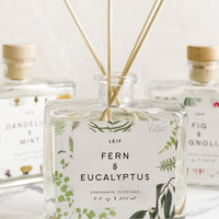 Fern & Eucalyptus: A fern and eucalyptus scented reed diffuser with glass bottle.