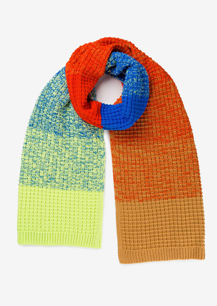 A neon multicolor melange knit scarf.