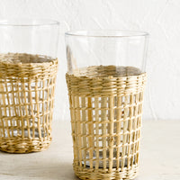 Large / 12 oz: Tall glass cups wrapped in decorative seagrass cage.