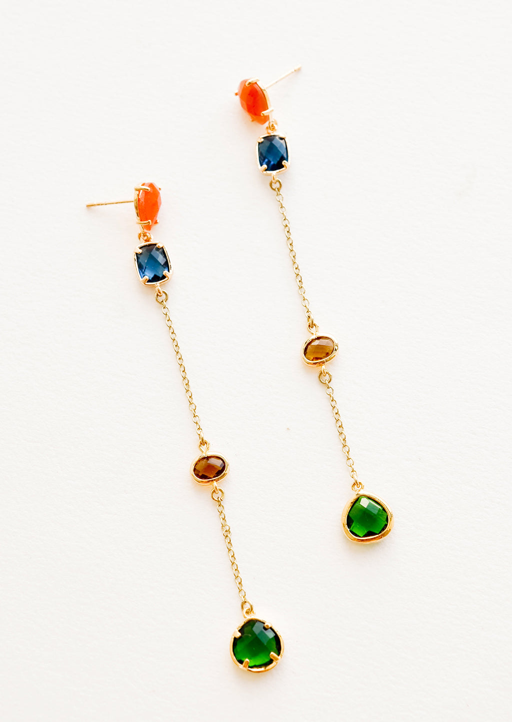 1: Gold drops earrings with staggered glass crystals of orange, blue, amber, and green.