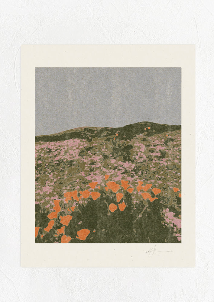 1: A digital art print of landscape showing orange and pink flowers in a field.