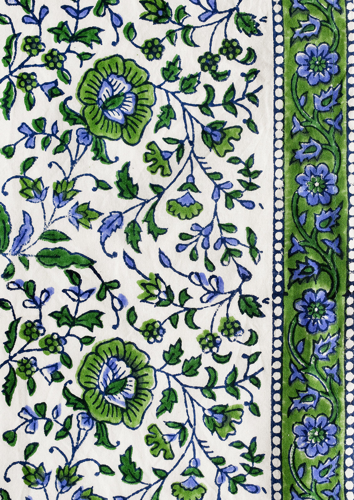 A block printed textile in blue and green.