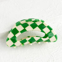 Kelly Green: A cloud shaped hair claw in green and white checker print.