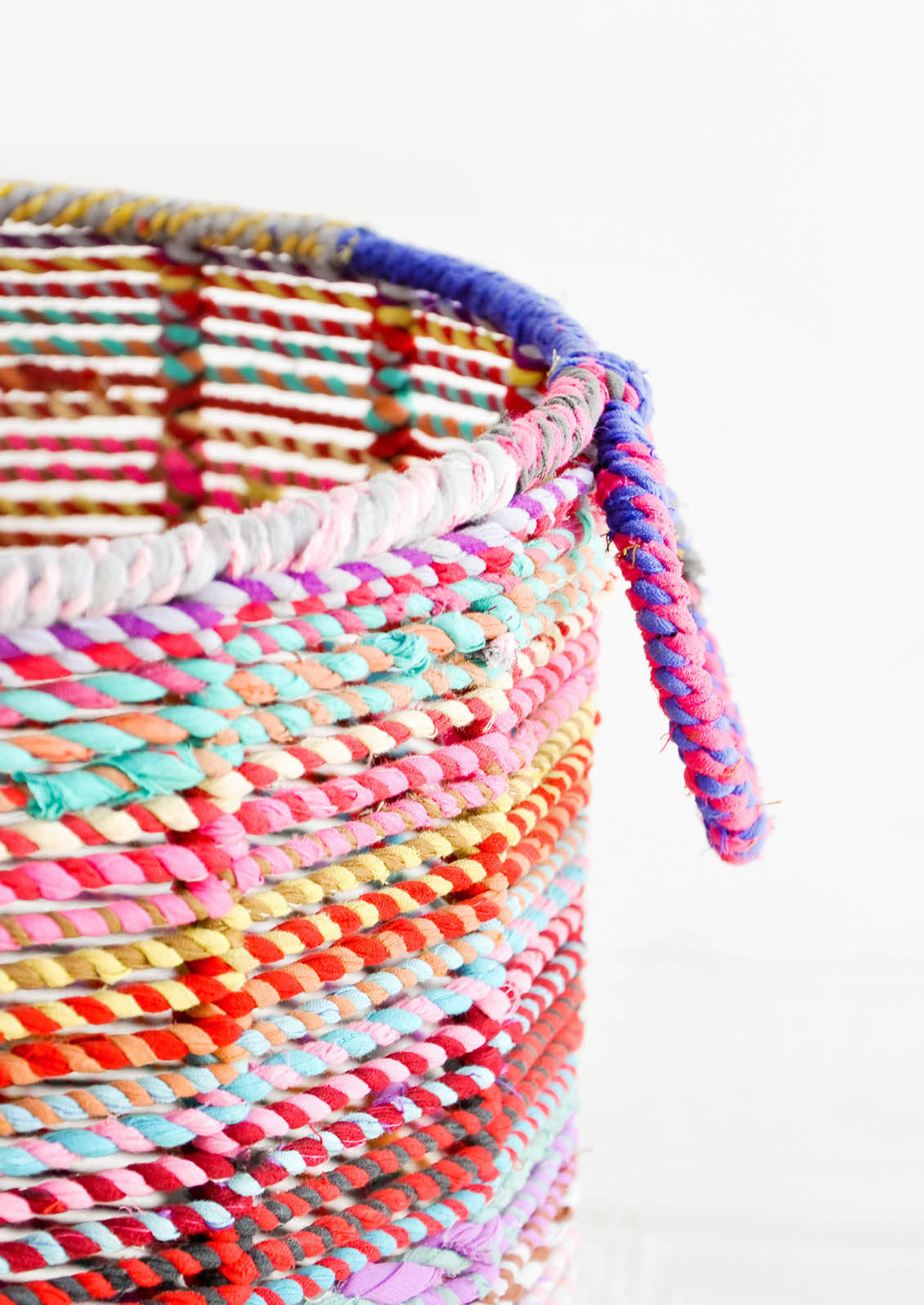 Handle Detail of Recycled Multicolor Fabric Round Storage Bin - LEIF