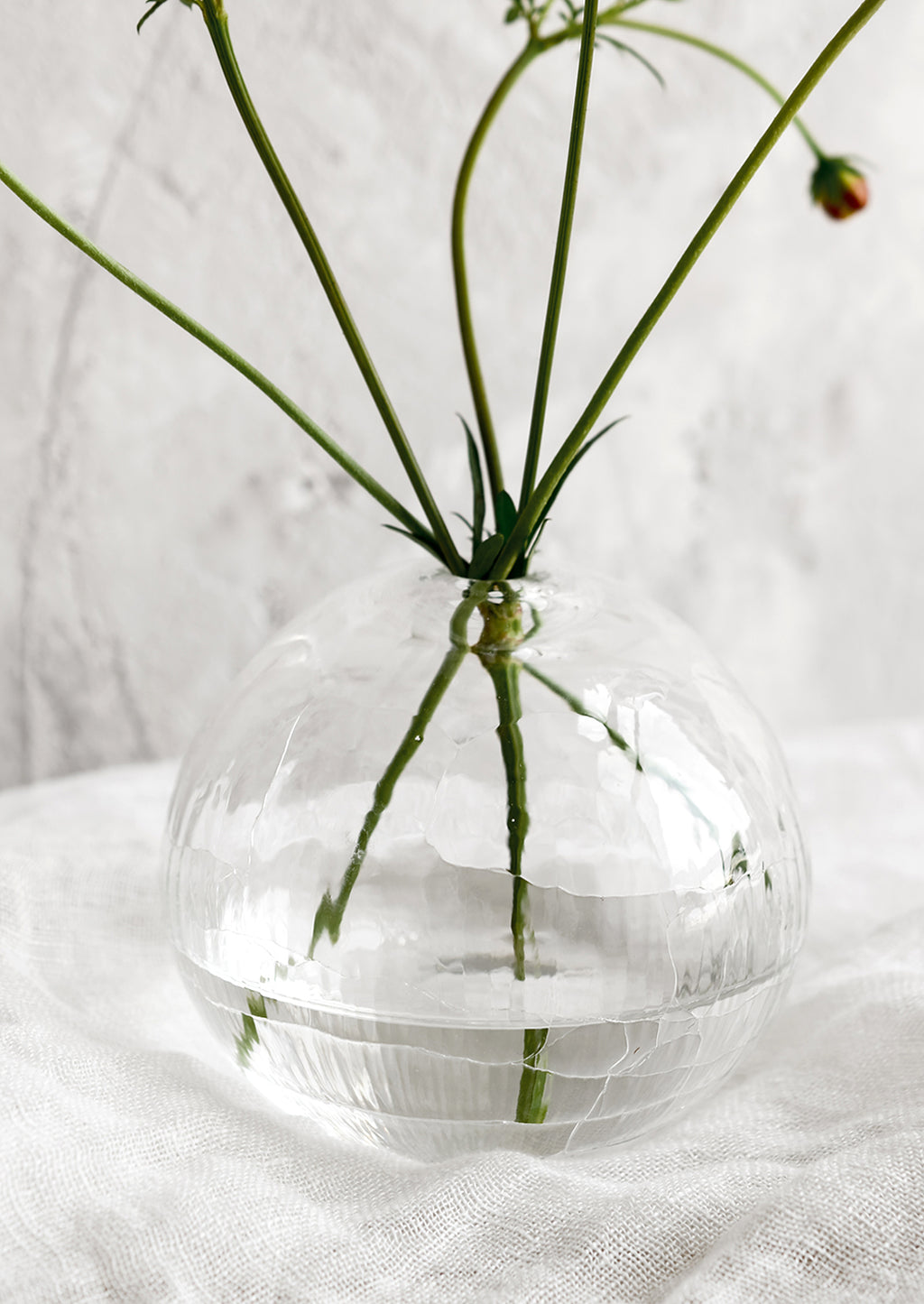 2: A clear bud vase in orb-like shape with crackle texture.