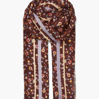 2: A floral print scarf with brown background and yellow and lilac border.