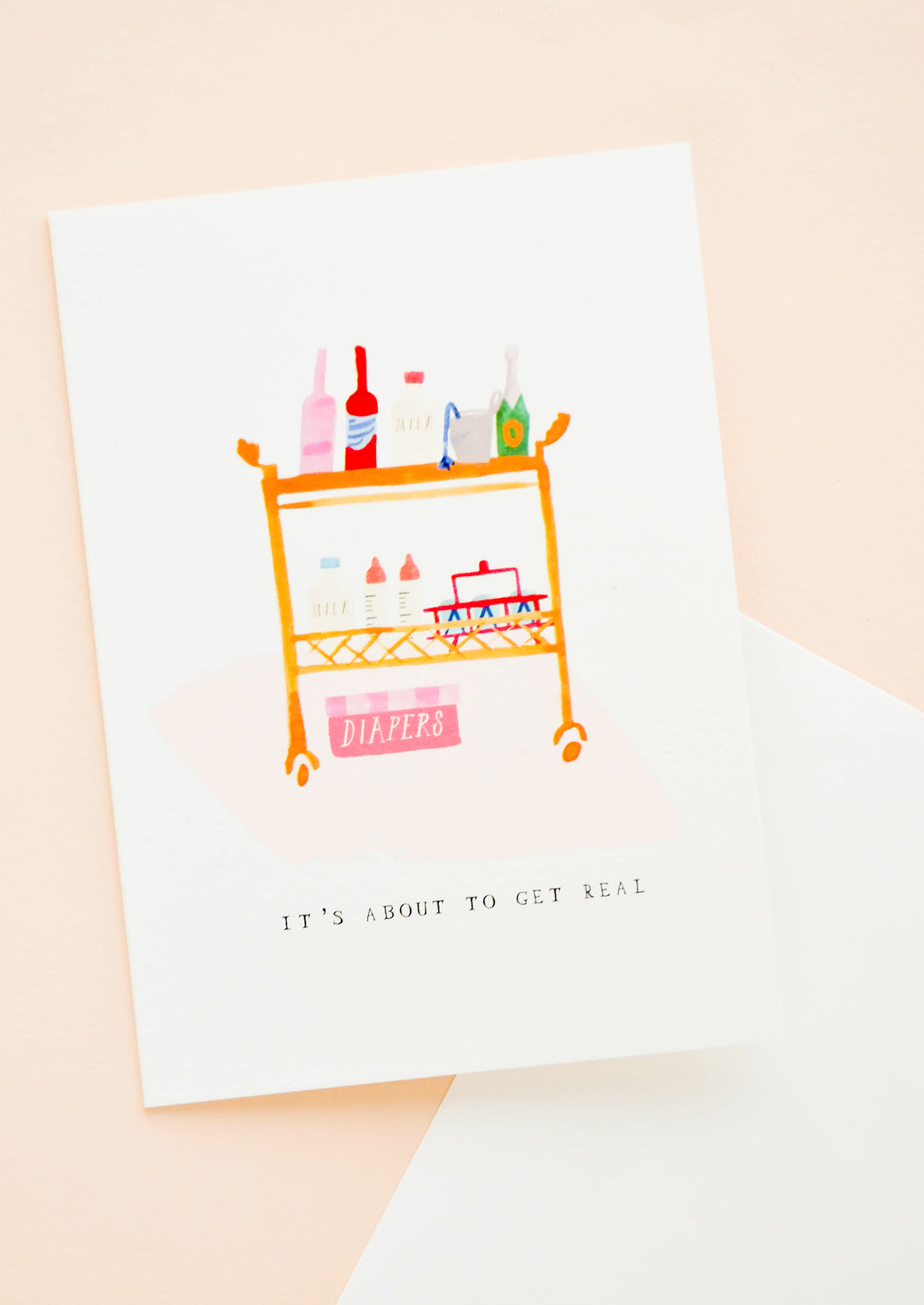 Greeting card with bar cart full of wine, diapers and baby bottles