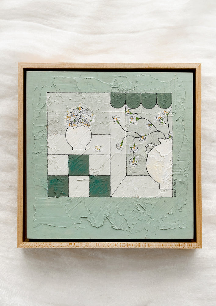 1: An original painting with paneled still life scenes in green.