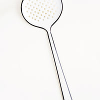 1: Enamel strainer utensil in white with painted black edging