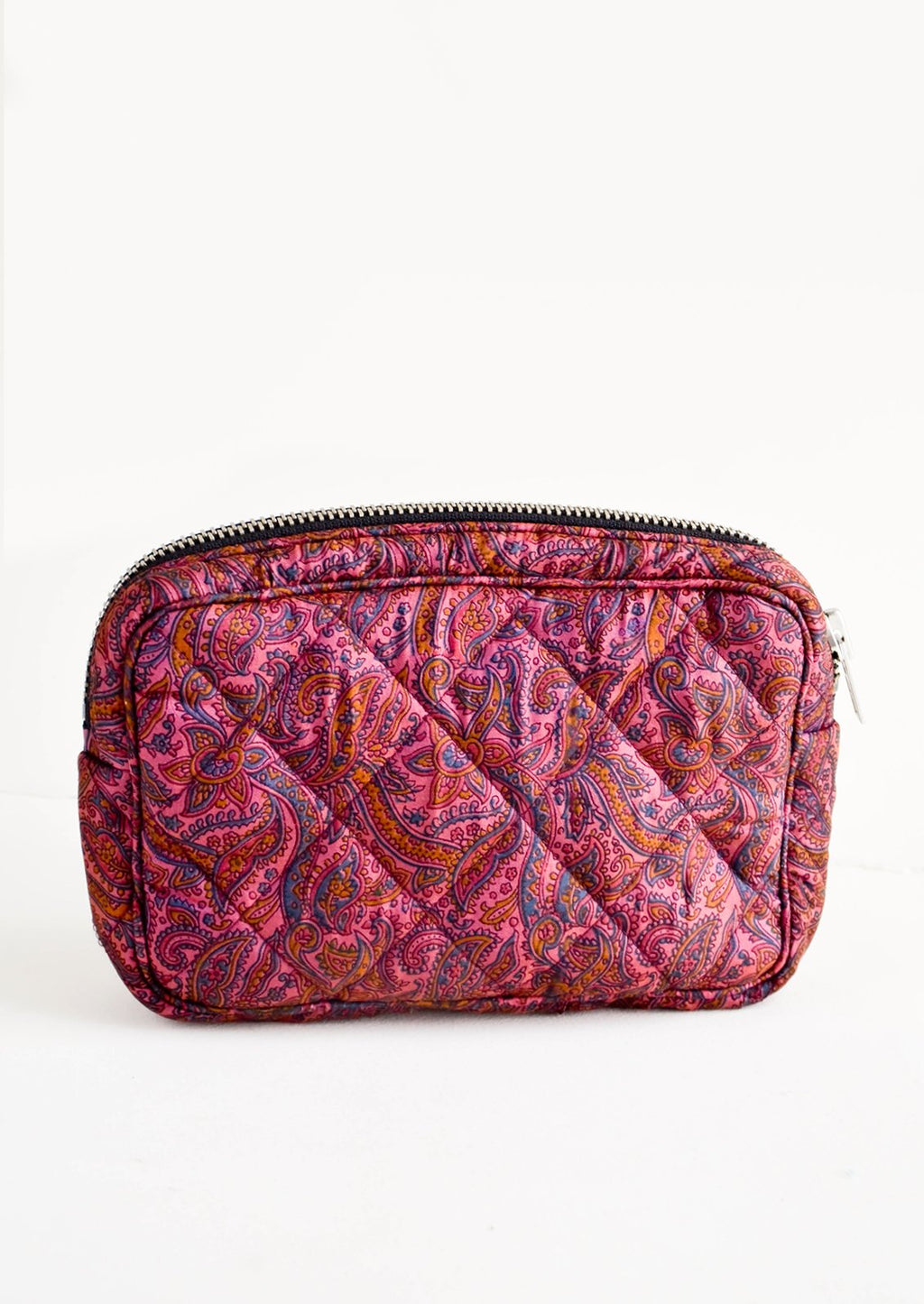 Small / Plum Floral Paisley: Flat and rectangular makeup travel bag with zip closure in plum paisley print