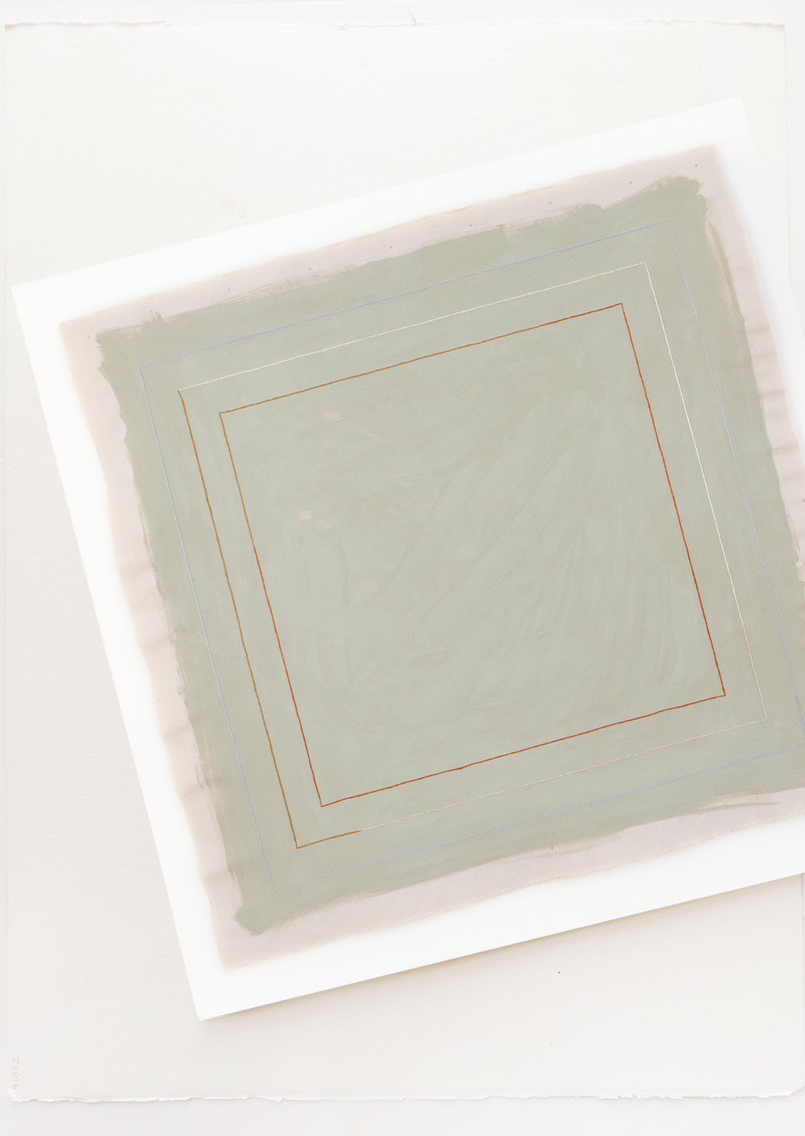 A gray-green square with three thin red, blue, and white squares inside.