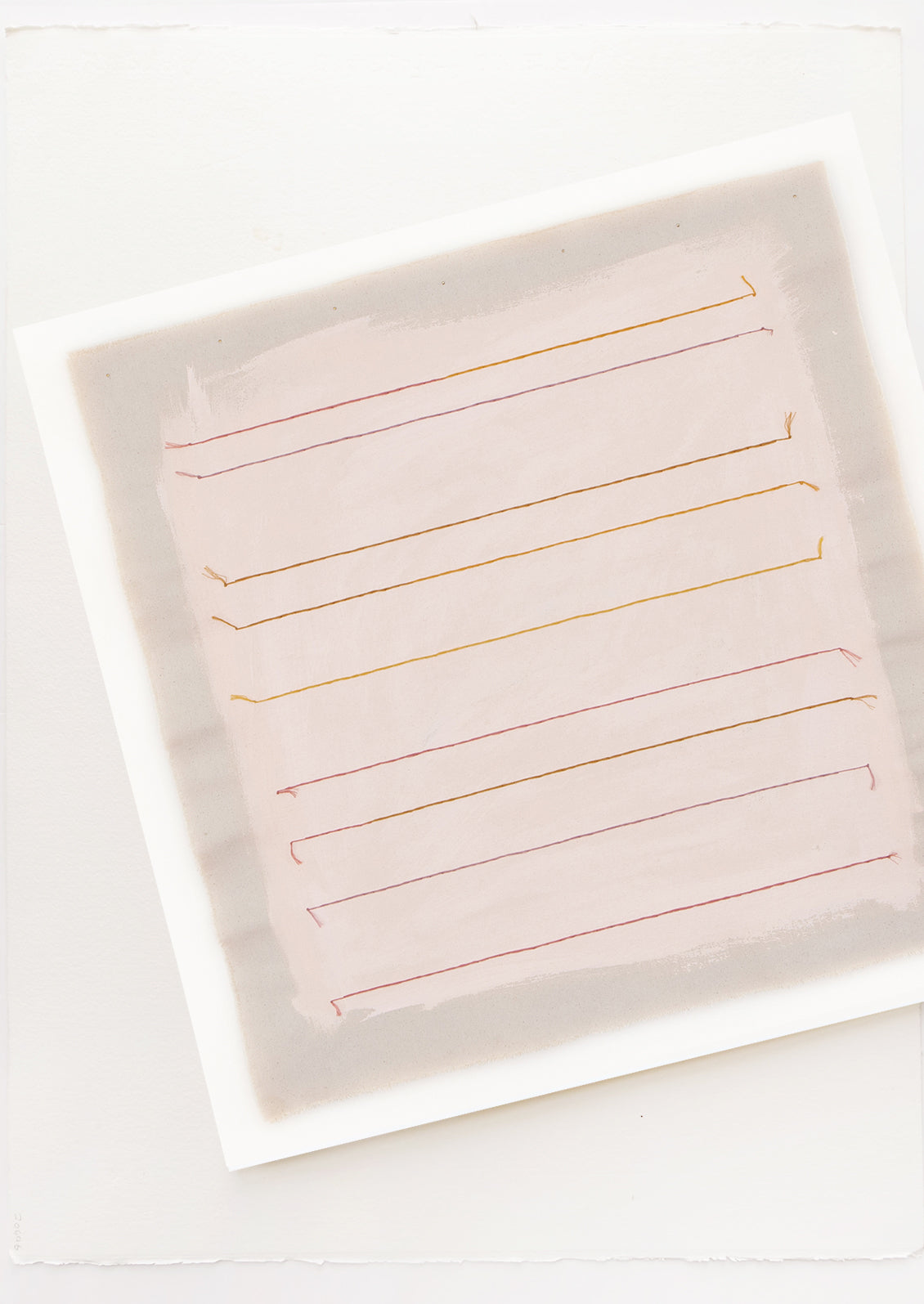 A print featuring a pale pink square with thin yellow and red horizontal lines.