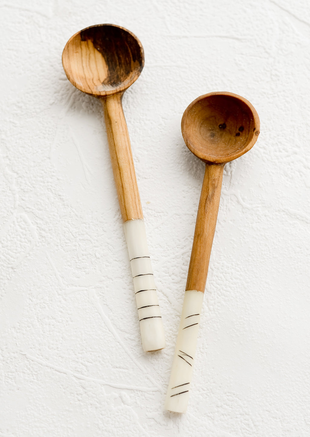 Ivory / Black Etched: Olivewood coffee scoops with ivory and black etched bone detailing on handles.