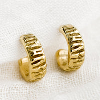 1: A pair of small brass hoop earrings with line texture.