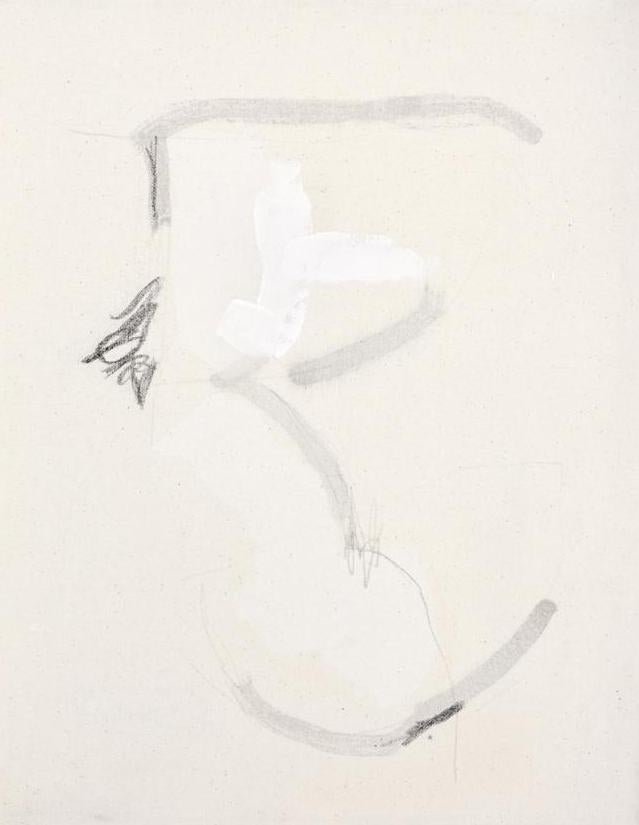 A minimalist, abstract painting of textural paint-strokes in black and white on an ivory canvas.