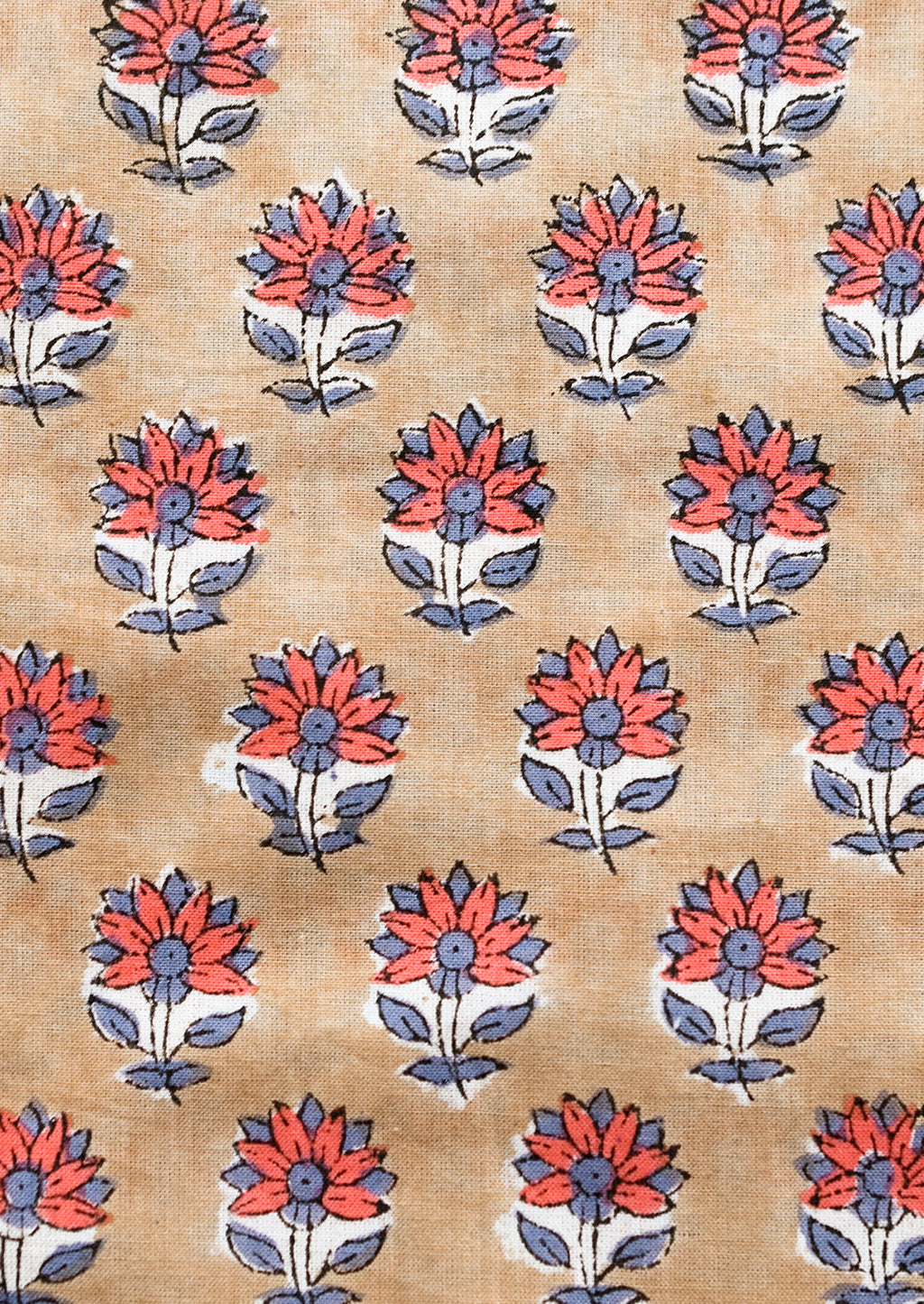 2: A block printed pillow in light brown with red and dusty blue flower print.