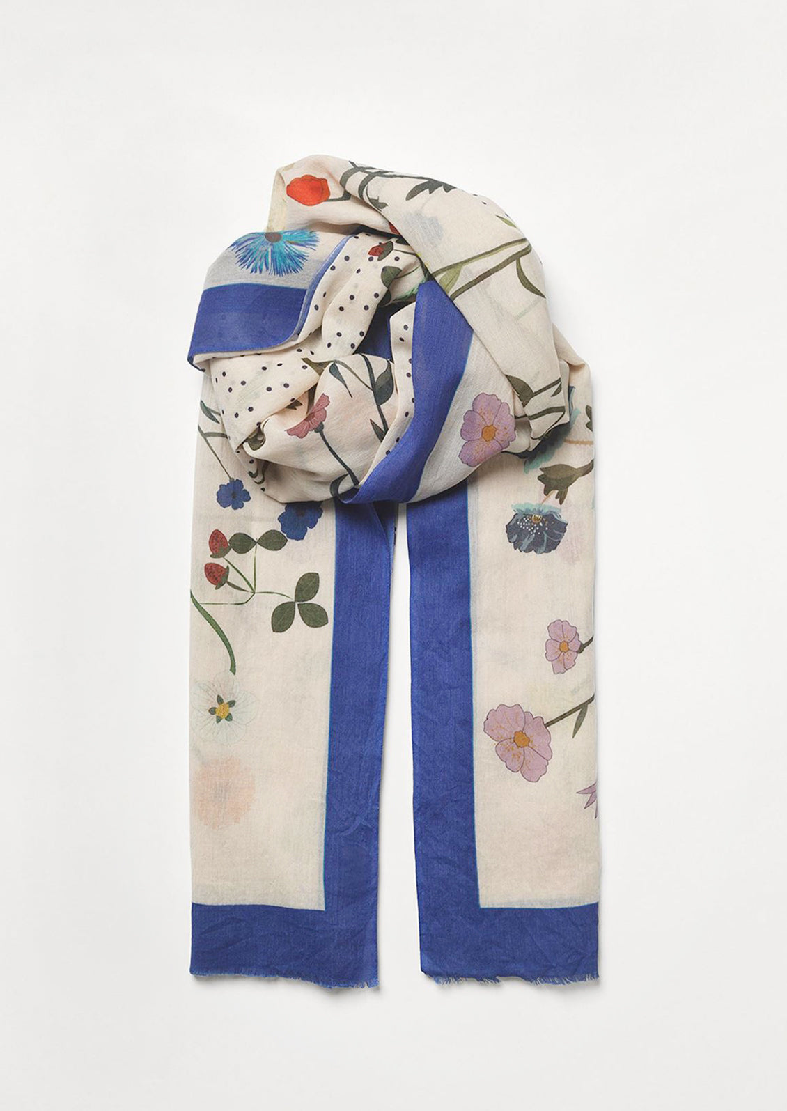 A floral printed scarf with flower border and dotted middle.