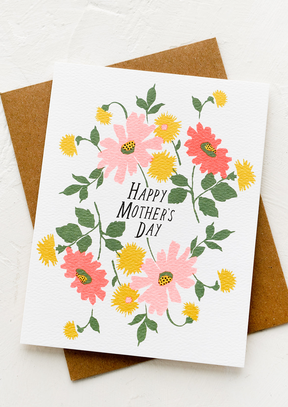 A floral print greeting card reading "Happy mother's day".