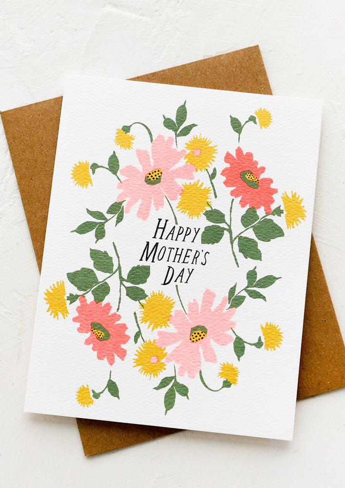 1: A floral print greeting card reading "Happy mother's day".