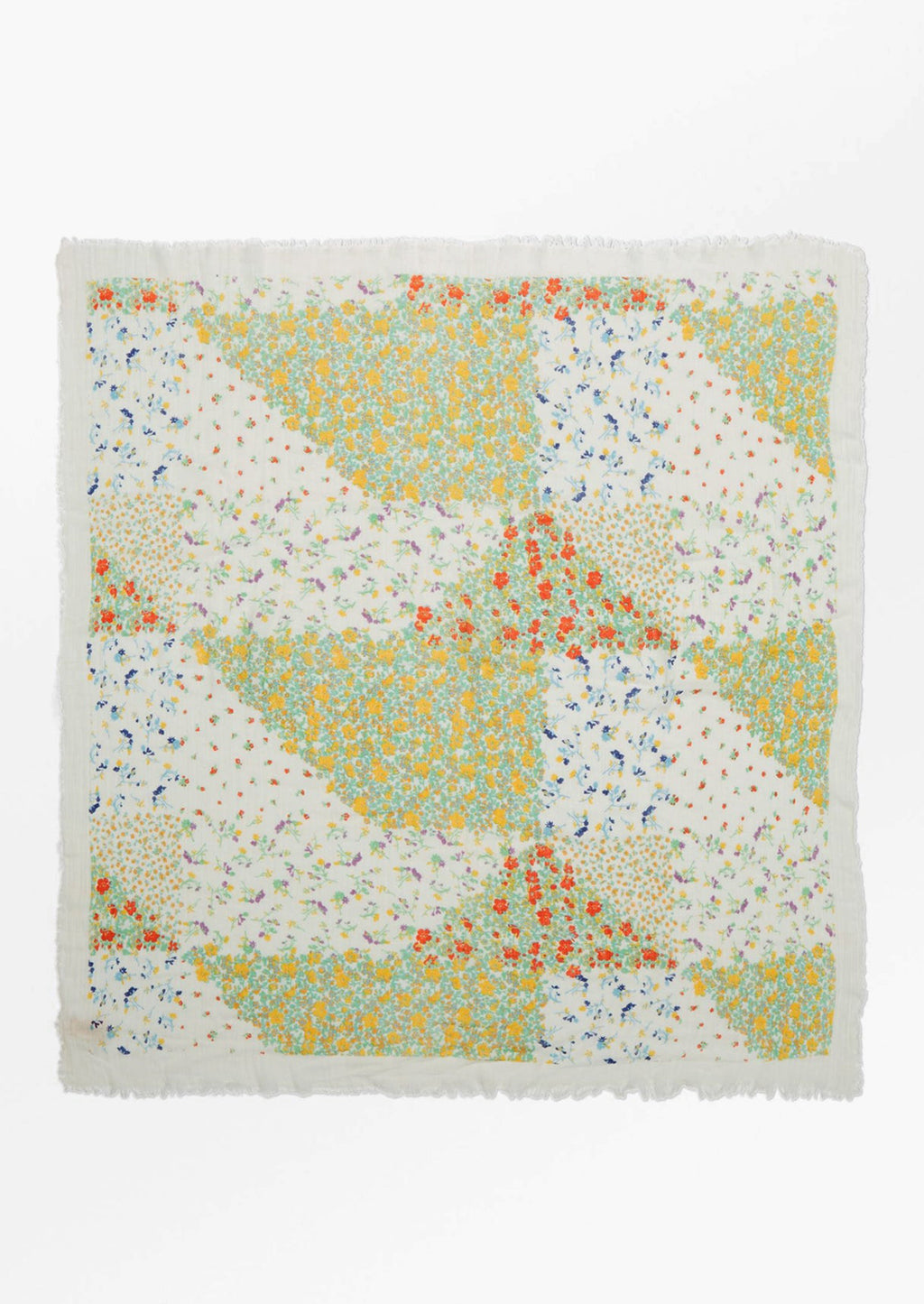 White Multi: A square scarf in white floral quiltwork print.