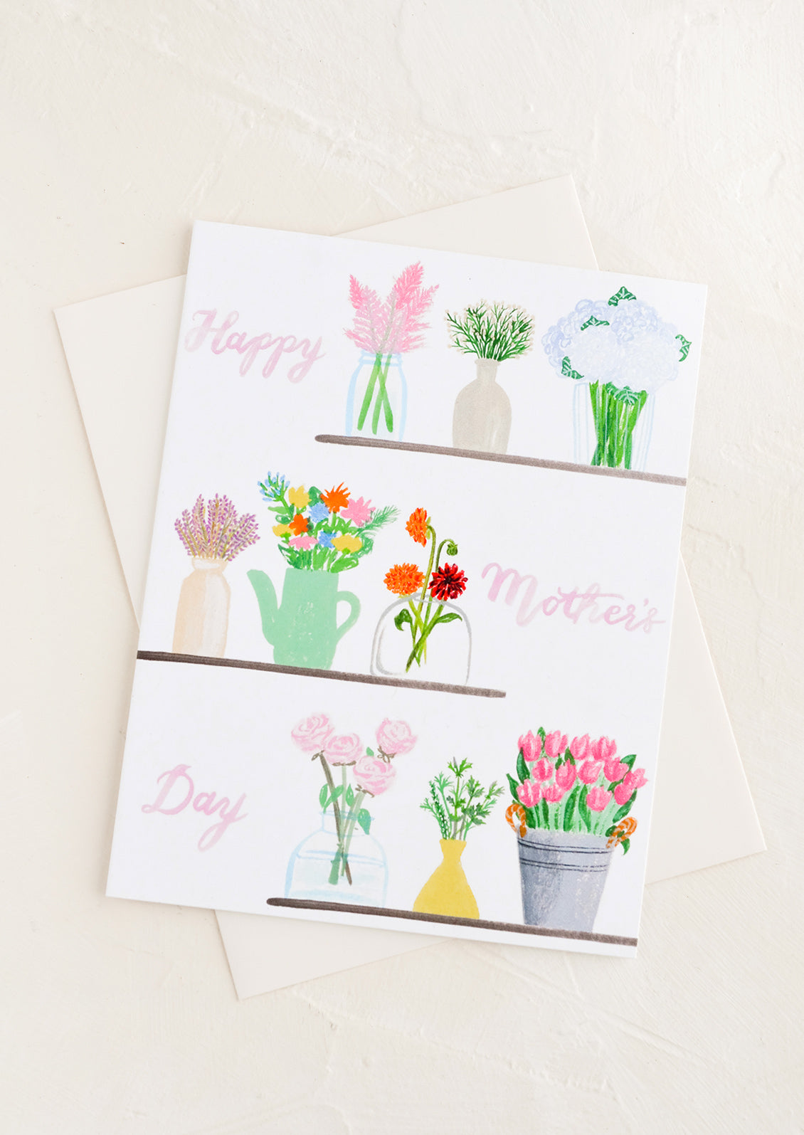 A mother's day greeting card with image of flowers in vases.