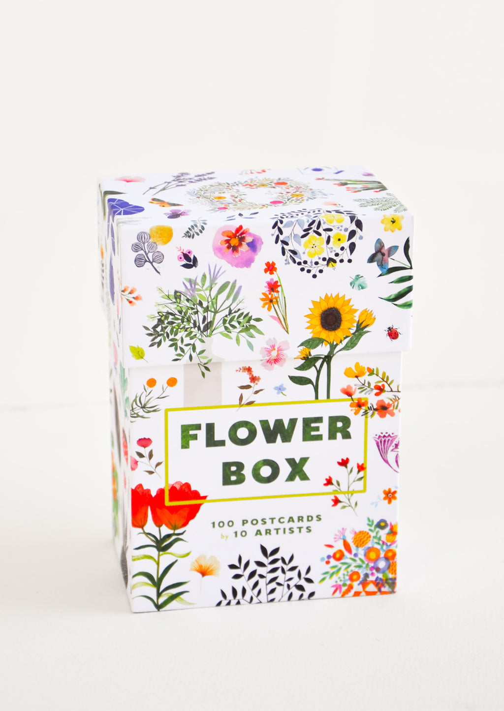 1: Outside of a box of floral notecards, with drawings of flowers and the text "Flower Box".