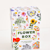 1: Outside of a box of floral notecards, with drawings of flowers and the text "Flower Box".