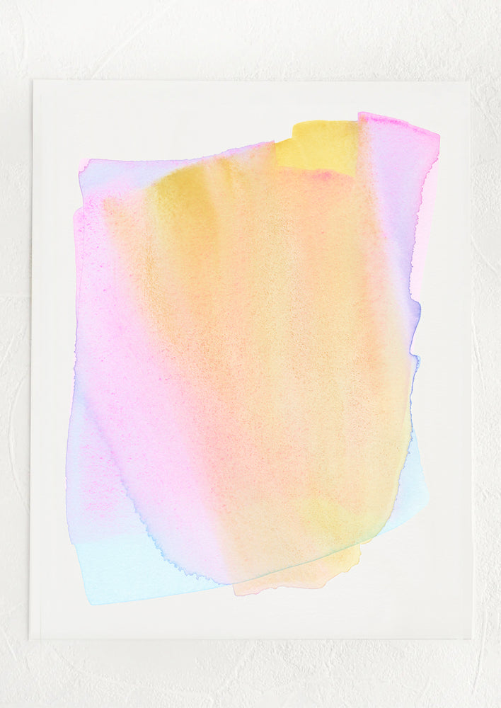 An abstract watercolor art print in vibrant shades of blue, pink and yellow.